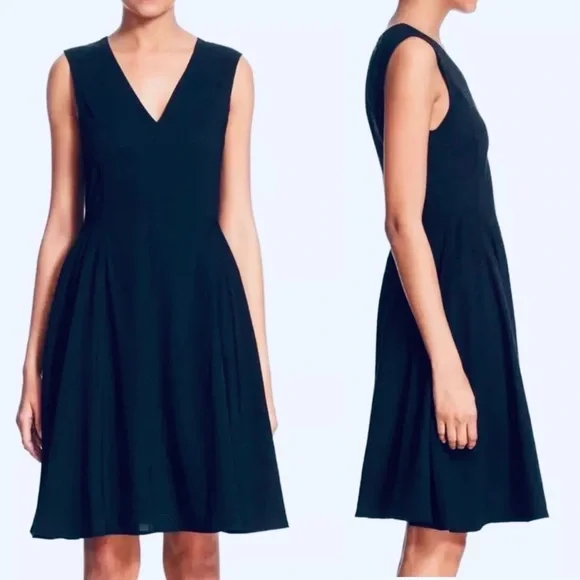 THEORY LINEN KALSINGTON FIT & FLARE DRESS 4 NAVY BLUE MIDI SLEEVELESS POCKETS - Picture 16 of 16
